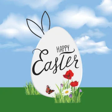 Happy Easter greeting card. Easter egg over field grass and flowers pattern. Stock Illustration