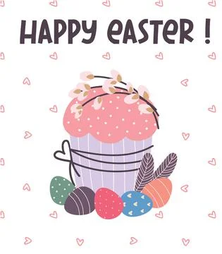 Happy Easter greeting card. Easter cake, painted eggs, willow twigs Stock Illustration