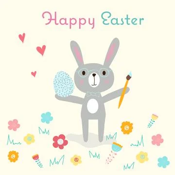 Happy Easter greeting card with an easter bunny in glasses, Easter painted egg Illustrazione stock