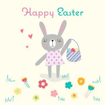 Happy Easter greeting card with an easter bunny girl in dress, painted eggs and Stock Illustration