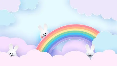 Happy Easter greeting card. Easter bunny on a rainbow. The sky is in pastel Stock Illustration