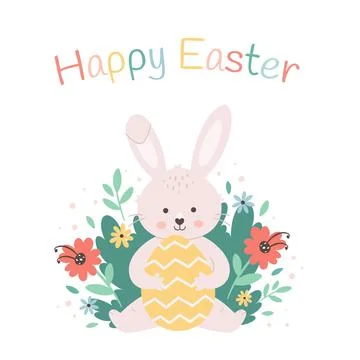 Happy Easter greeting card with Easter bunny, painted egg and flowers. 스톡 일러스트