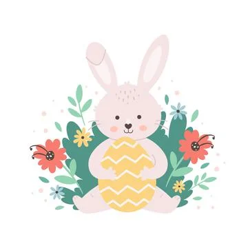 Happy Easter greeting card with Easter bunny, painted egg and flowers. Иллюстрация