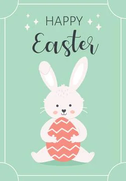 Happy Easter greeting card with Easter bunny and painted egg. Illustrazione stock
