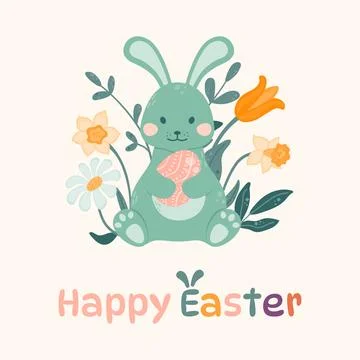 Happy Easter greeting card. Easter bunny is sitting and holding an Easter e.. Stock Illustration