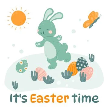 Happy Easter greeting card. Easter bunny runs with his paws open on the grass Stock Illustration