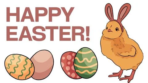 Happy Easter greeting card with easter eggs and chicken. Wishes greeting poster  Stock Illustration