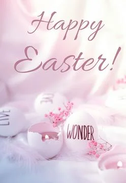 HAPPY EASTER greeting card. Easter eggs Composition. Words drawn with pen. Hi Foto stock