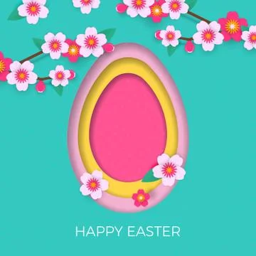 Happy Easter greeting card of egg paper cut and spring flowers for Easter Hun Illustrazione stock