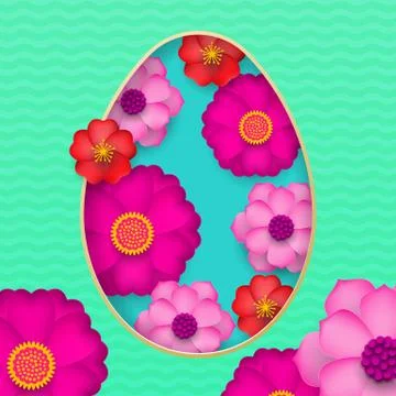 Happy Easter greeting card of egg paper cut and spring flowers pattern backgr 스톡 일러스트