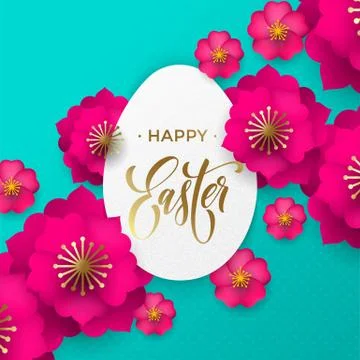 Happy Easter greeting card of egg paper cut and flowers pattern for Easter Hu 库存插图