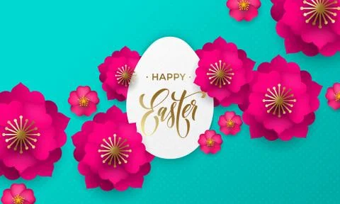 Happy Easter greeting card of egg paper cut, spring flowers and gold text on  스톡 일러스트