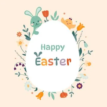 Happy Easter greeting card. Egg-shaped frame with spring flowers, Easter bu.. Illustrazione stock