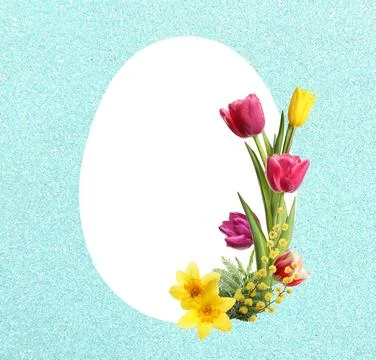 Happy Easter greeting card. Egg-shaped outline with beautiful spring flower.. Stock Photos