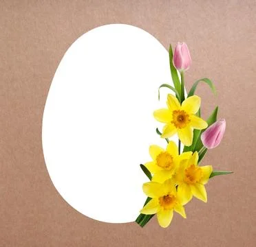 Happy Easter greeting card. Egg-shaped outline with beautiful spring flower.. Stock Photos