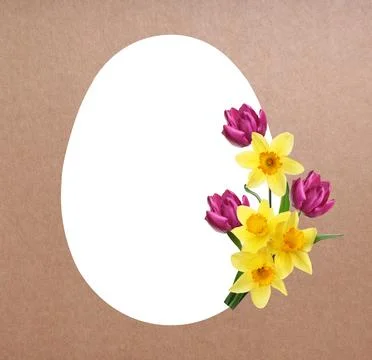 Happy Easter greeting card. Egg-shaped outline with beautiful spring flower.. Stock Photos