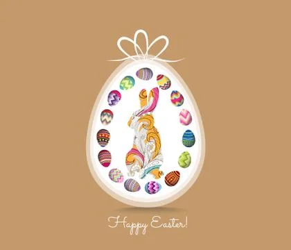 Happy easter greeting card with eggs and doodle bunny Stock Illustration