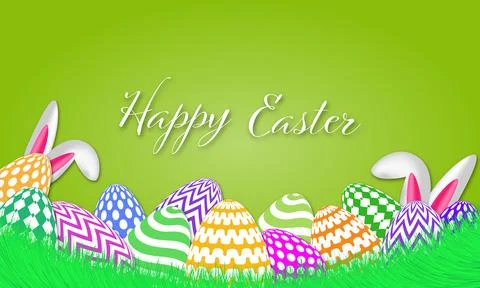 Happy Easter greeting card with eggs and rabbit ears. Stock Illustration