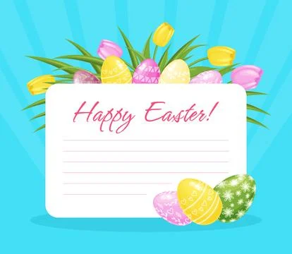Happy Easter Greeting Card with Eggs and Tulip Flower Vector Template Stock Illustration
