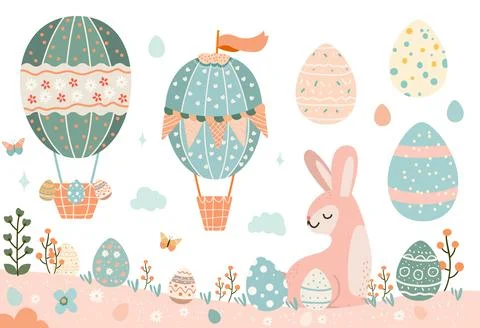 Happy Easter greeting card with eggs in air balloons shape spring holiday Stock Illustration