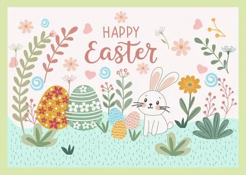 Happy Easter  greeting card  with  eggs and bunny Stock Illustration