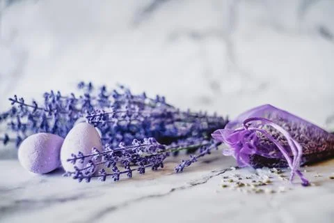 Happy Easter greeting card with eggs and lavender Stock Photos