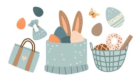 Happy Easter greeting card elements collection with eggs in pastel colors spring 스톡 일러스트