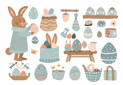 Happy Easter greeting card elements collection with eggs in pastel colors spring Illustrazione stock