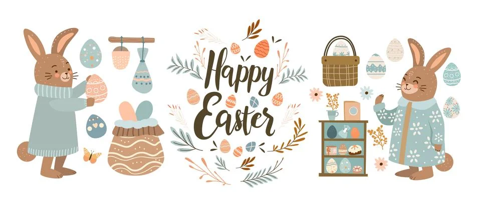 Happy Easter greeting card elements collection with eggs in pastel colors spring 库存插图