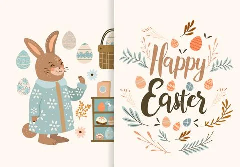 Happy Easter greeting card elements collection with eggs in pastel colors spring Illustrazione stock
