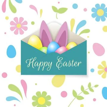 Happy Easter greeting card. Envelope with cute rabbit bunny ears, easter eggs Stock Illustration