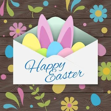 Happy Easter greeting card. Envelope with cute rabbit bunny ears, easter eggs Stock Illustration