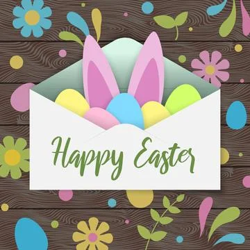 Happy Easter greeting card. Envelope with cute rabbit bunny ears, easter eggs Stock Illustration