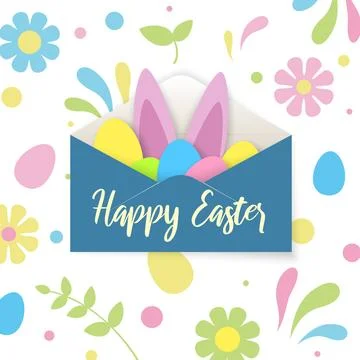 Happy Easter greeting card. Envelope with cute rabbit bunny ears, easter eggs Illustrazione stock