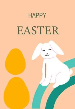 Happy easter greeting card featuring cute white bunny and colorful eggs Stock Illustration