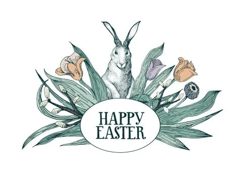 Happy Easter greeting card with flowers and rabbit. Hand drawn vector Stock Illustration