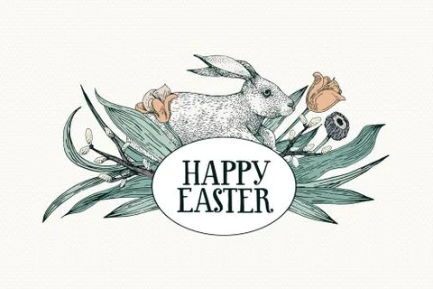 Happy Easter greeting card with flowers and rabbit. Hand drawn vector Stock Illustration