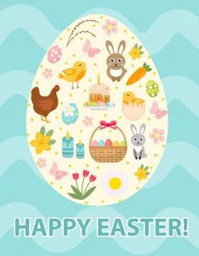 Happy Easter greeting card, flyer, poster with a set icons, symbols of East.. Stock Illustration
