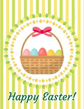 Happy Easter greeting card, flyer, poster with a basket of eggs. Spring cut.. Stock Illustration