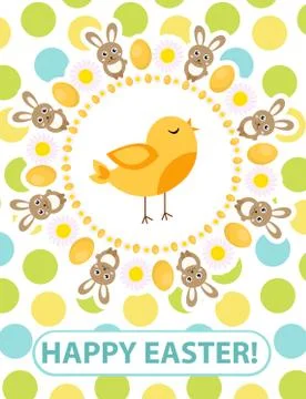 Happy Easter greeting card, flyer, poster with yellow chick. Spring cute te.. Stock Illustration