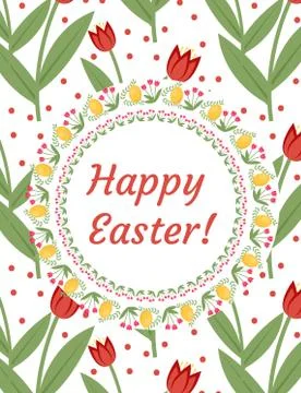 Happy Easter greeting card, flyer, poster with red tulips. Spring cute temp.. Illustrazione stock
