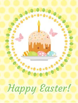 Happy Easter greeting card, flyer, poster with Easter cake and eggs. Spring.. Stock Illustration