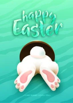 Happy Easter greeting card with funny white cartoon easter bunny ass, foot, tail Stockillustratie
