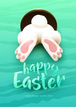 Happy Easter greeting card with funny white cartoon easter bunny ass, foot, tail Stockillustratie