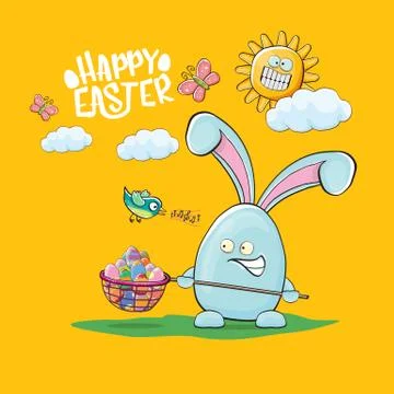 Happy easter greeting card with funny cartoon blue rabbit holding butterfly net Illustrazione stock