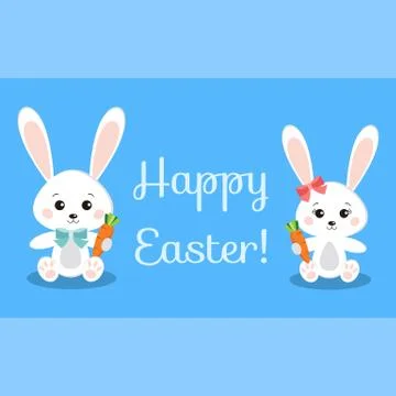 Happy Easter greeting card with funny rabbits holding carrot. Stock Illustration