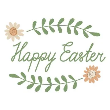 Happy Easter greeting card with hand drawn lettering, sprigs and daisy flower Stock Illustration