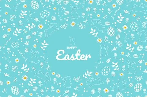 Happy Easter greeting card with hand drawn flowers,easter eggs and rabbits on Stock Illustration