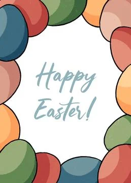 Happy Easter greeting card with hand drawn painted eggs. Colorful Easter eggs  Stock Illustration