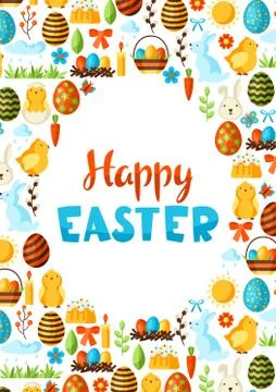 Happy Easter greeting card with holiday items. Illustrazione stock